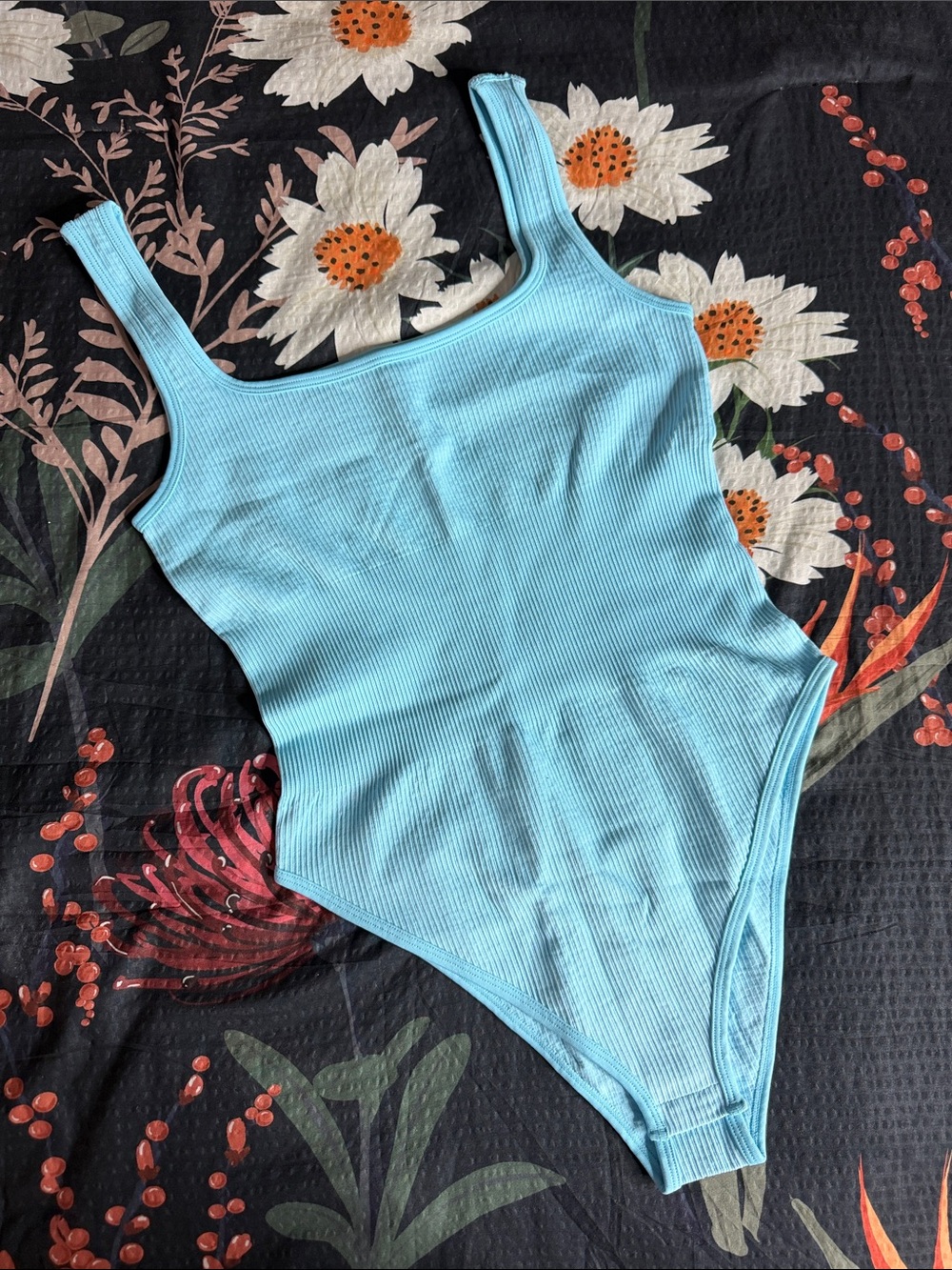 Ribbed Square-Neck Bodysuit - Light Blue